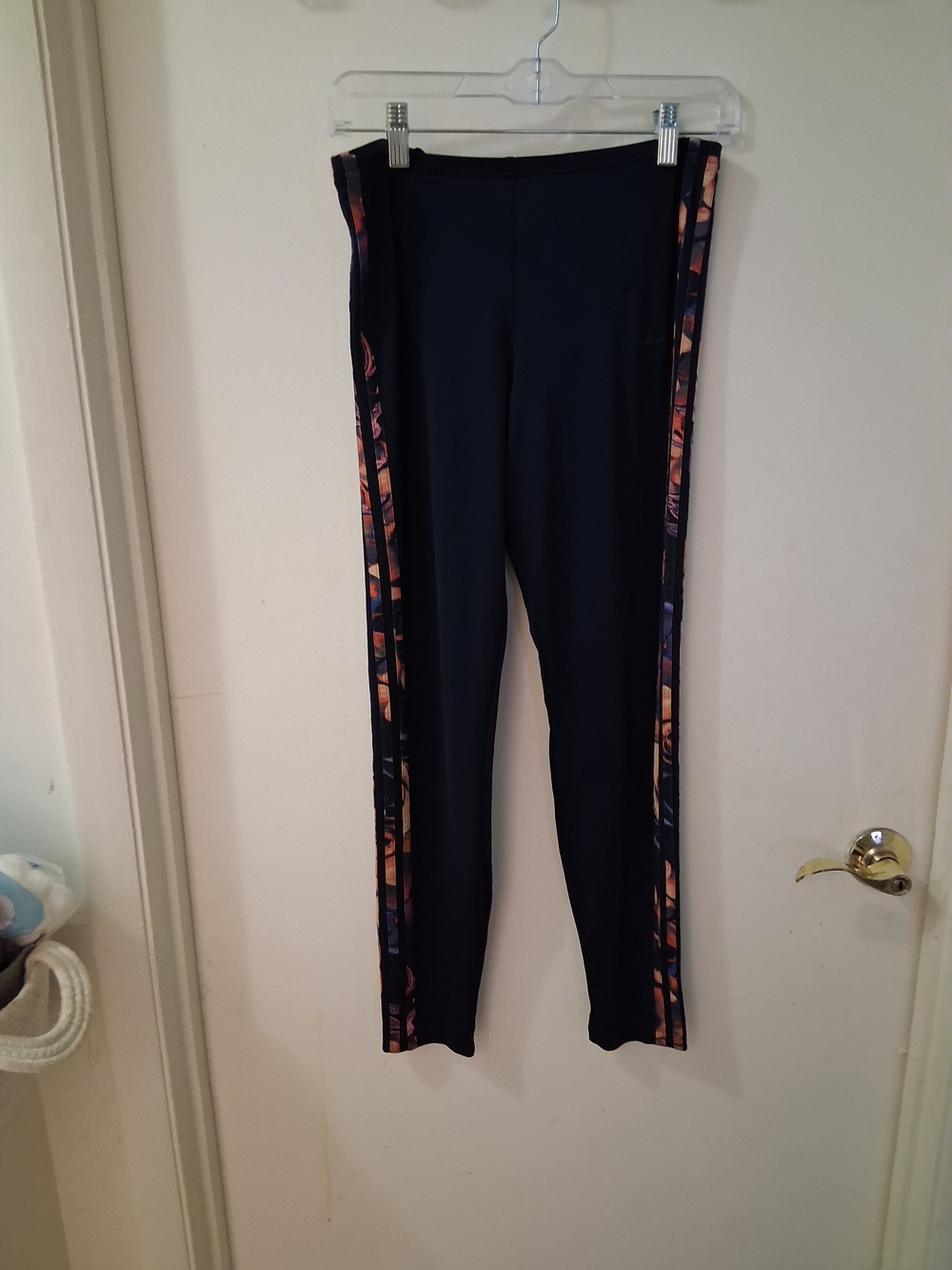 adidas Dark Blue Active Leggings Orange Floral Stripes - Picture 2 of 5